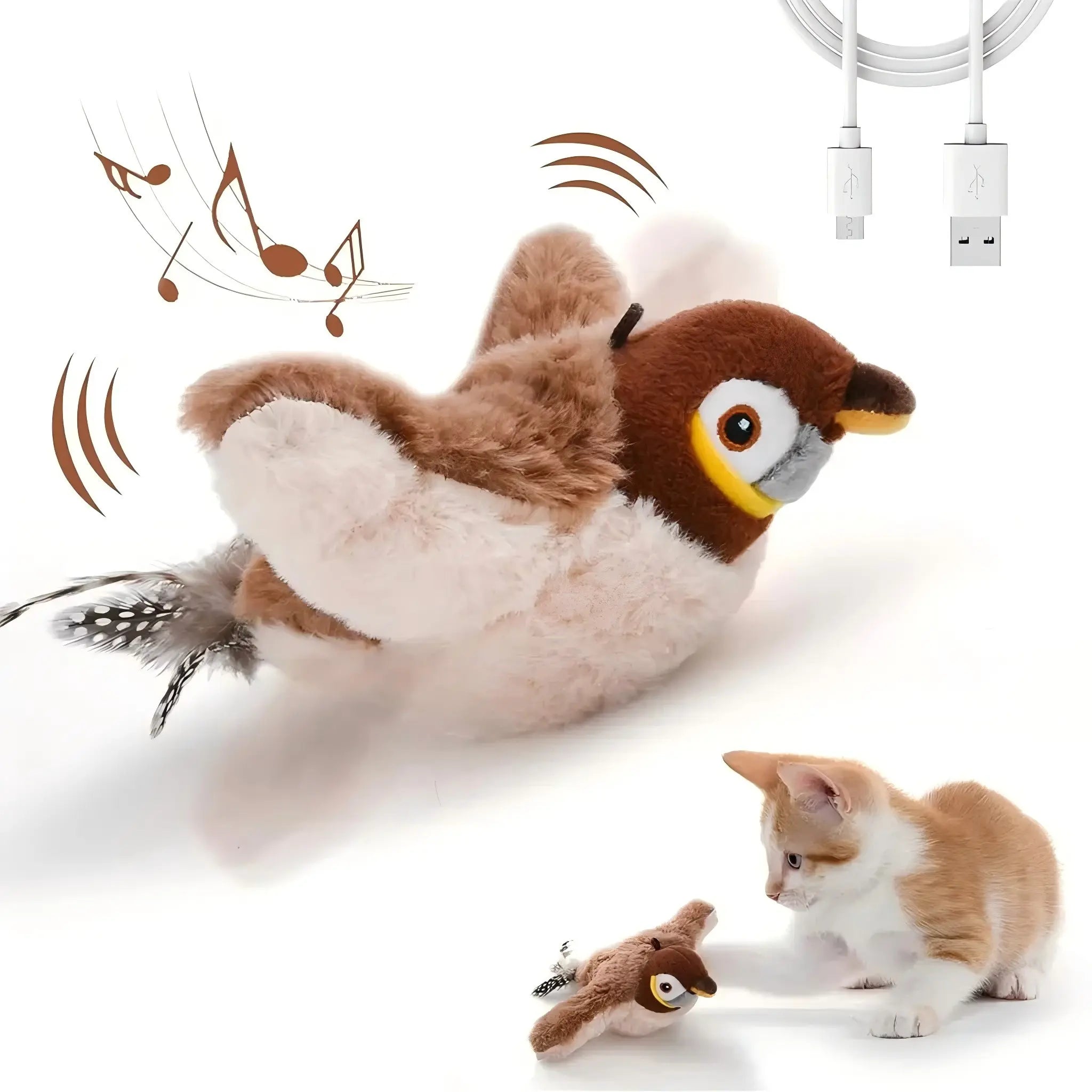 Flapping Bird Cat Toy Lifelike Bird Chirp Plush Interactive Pet Toy Touch Activated Kitten Toy Rechargeable USB Cable Included