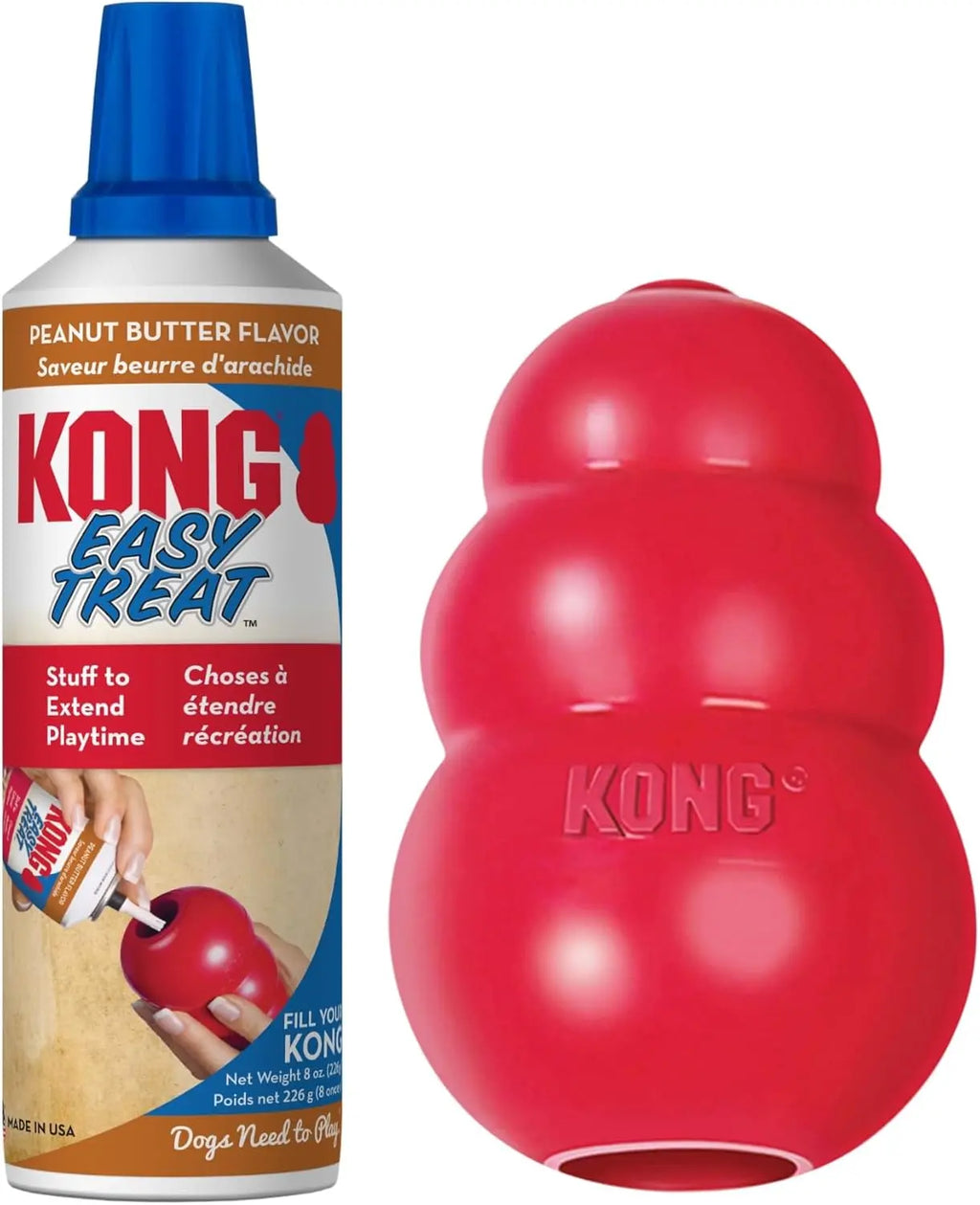 KONG Classic Stuffable Dog Toy with Easy Treat Peanut Butter Spray - Fetch & Chew Toy for Dogs - with Dog Toy Filler Treat - for Hours of Fun & Enrichment - 8 Oz