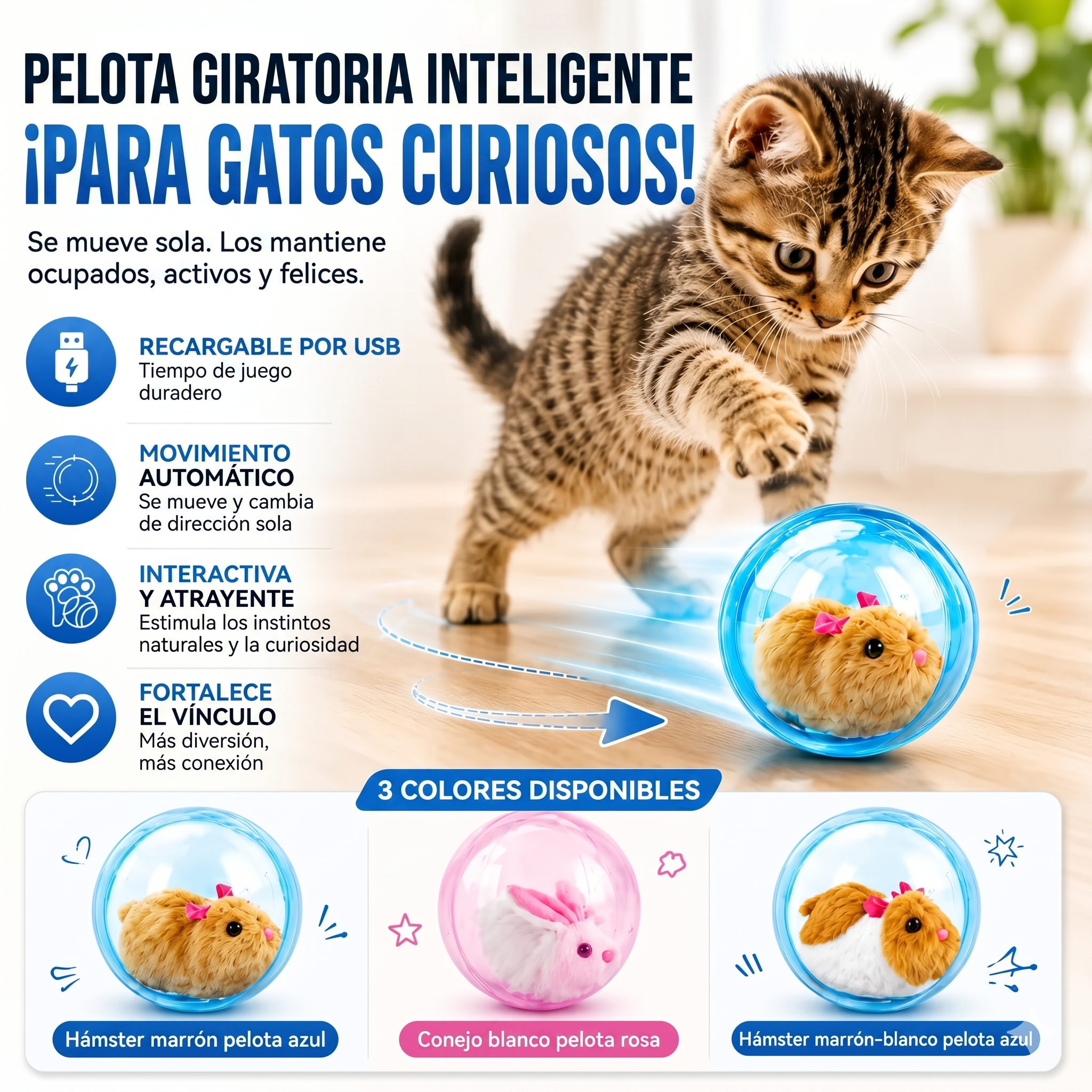 Bola Interactiva Automática para Gatos | Recargable USB | 3 Colores